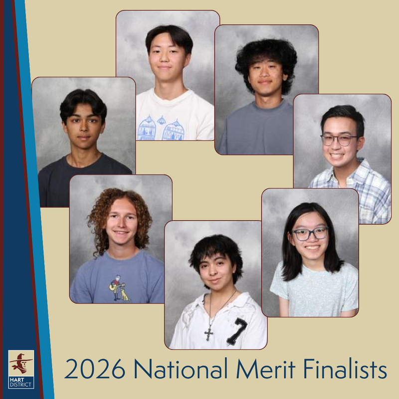 Graphic with photo of seven students and text: 2026 National Merit Finalists