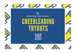 Cheerleading tryouts poster with school logo and QR code.