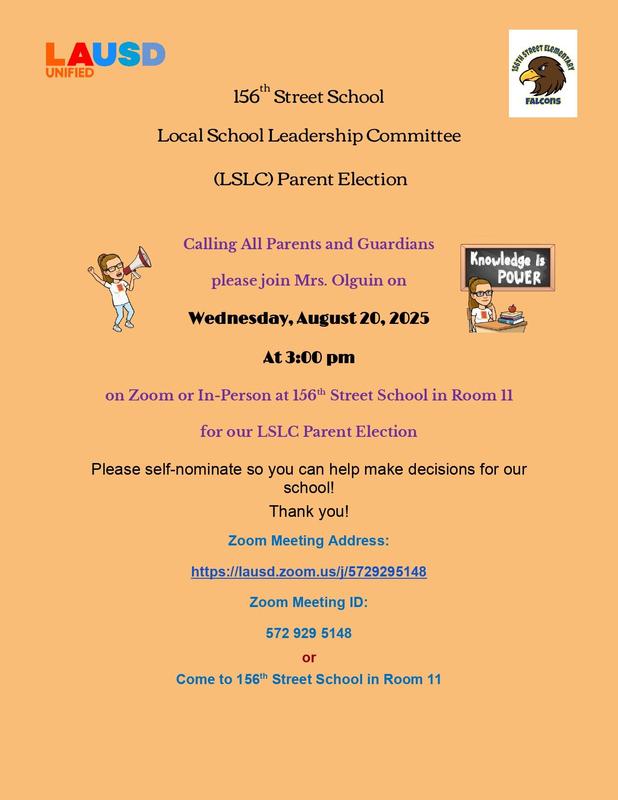 LSLC Parent Election on Wednesday, 8/20 at 3 pm