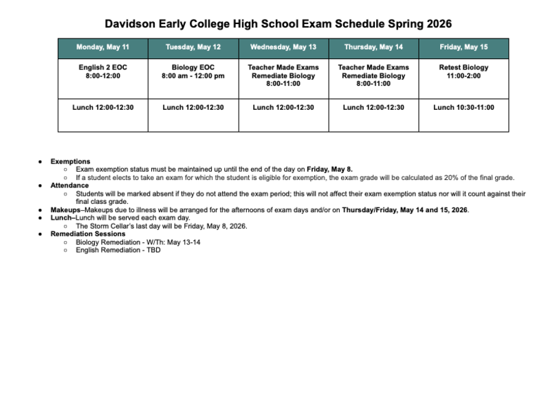 DECHS Spring 2026 Testing Schedule