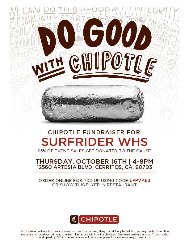 WHS Surfrider Club is having a fundraiser at Chipotle on 10/16/25 from 4 - 8pm