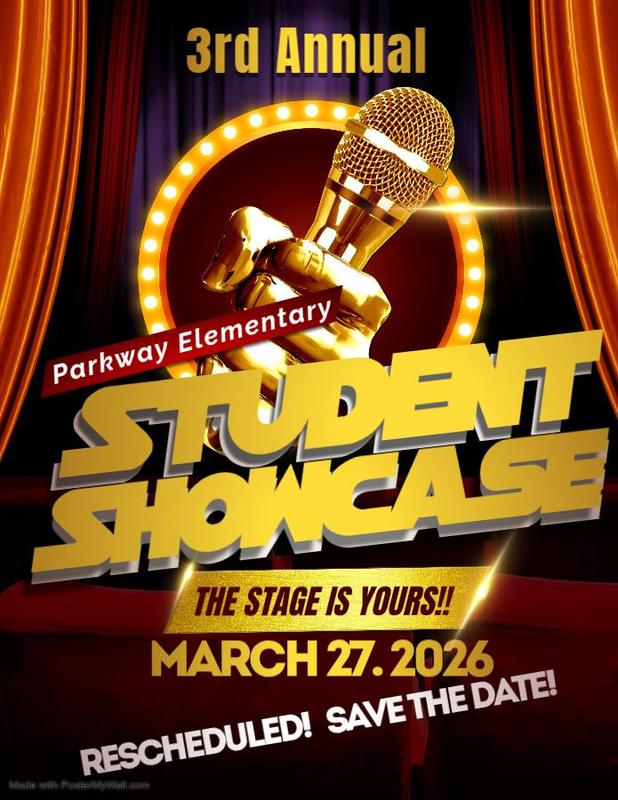 Gold microphone on stage with curtains with words Student Showcase