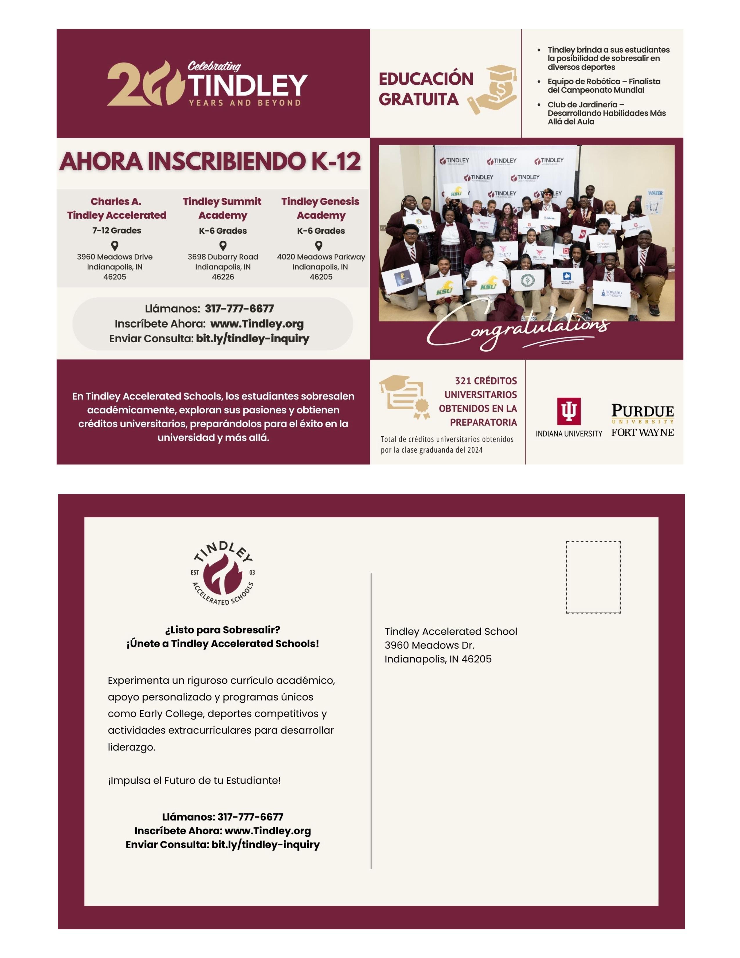 Enrollment Postcard-Spanish - Parents - Tindley Accelerated Schools