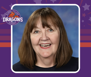 Susan Abrahamsen headshot with GVA DC dragon logo on a purple and orange background