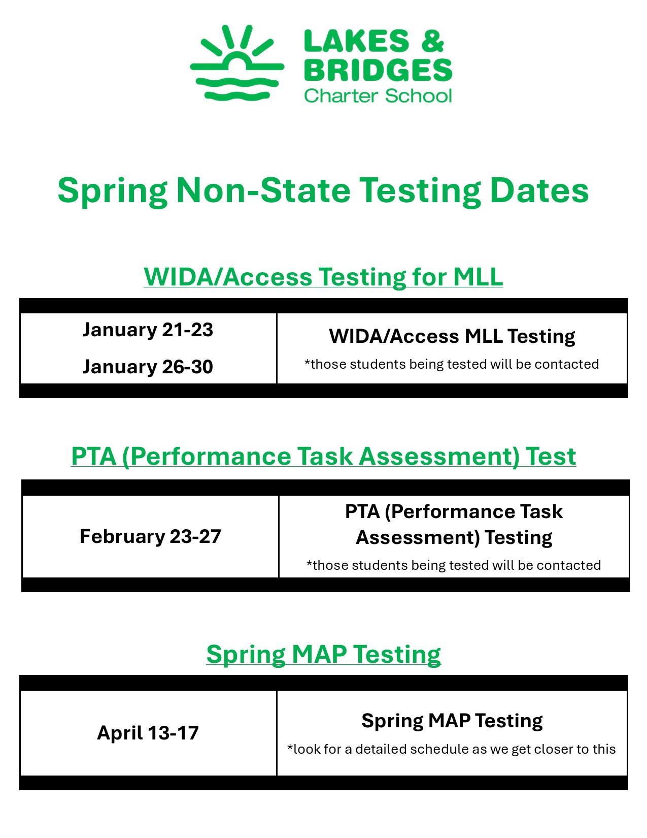 Spring Non-State Testing Dates