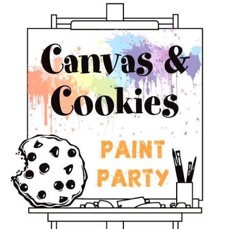 A picture of a canvas with paint supplies and a cookie on an easel.