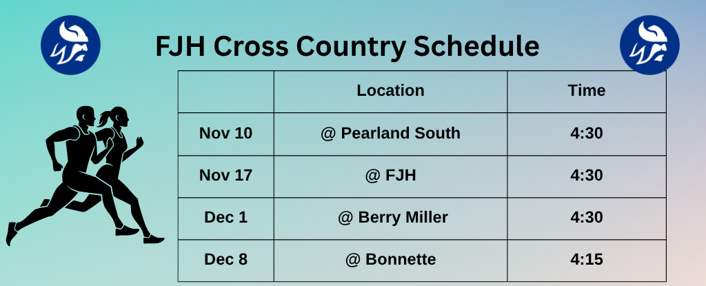 Cross country schedule with locations, times, and running illustrations.
