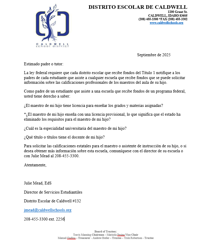 Federal Programs Letter - Spanish