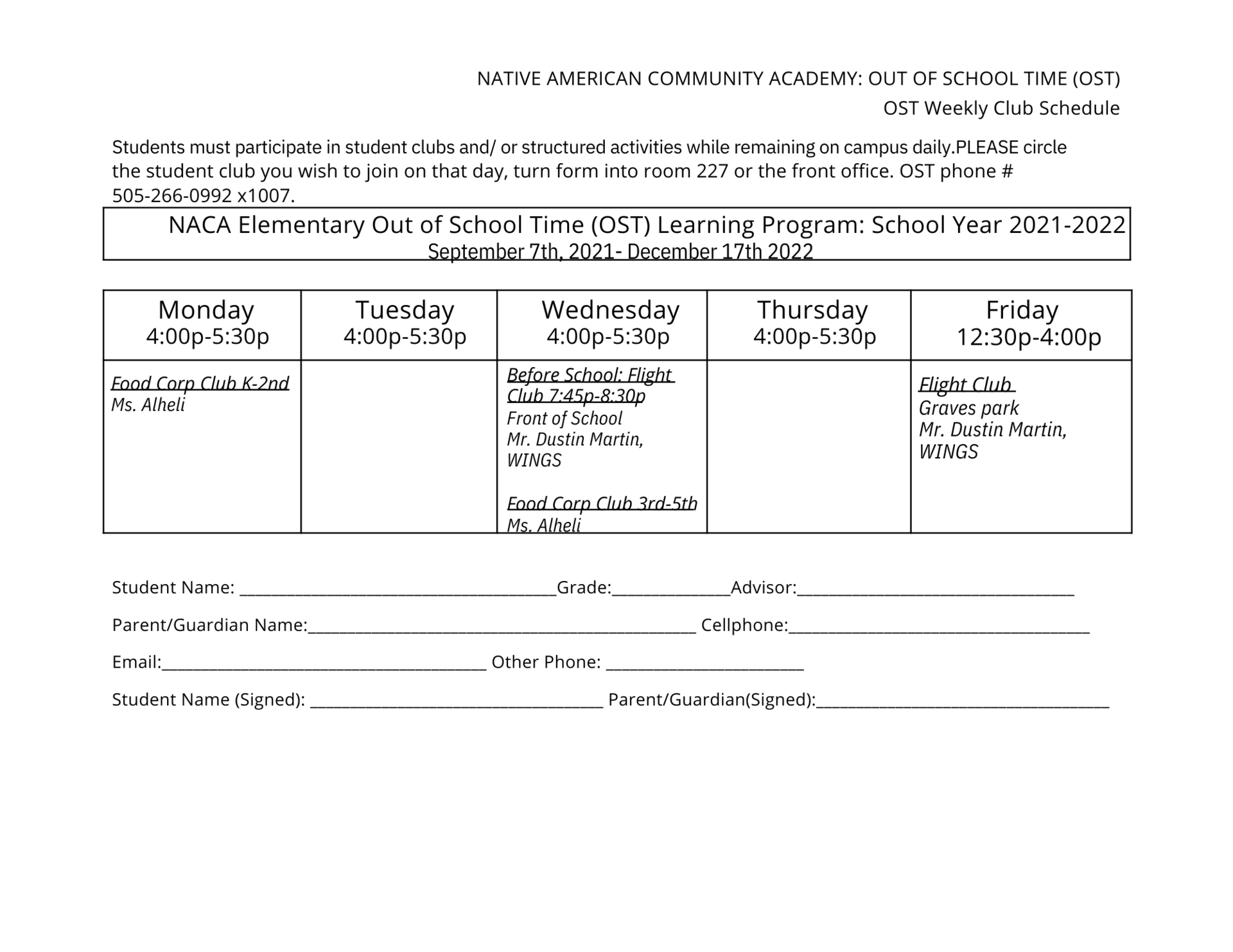 Elementary weekly calendar
