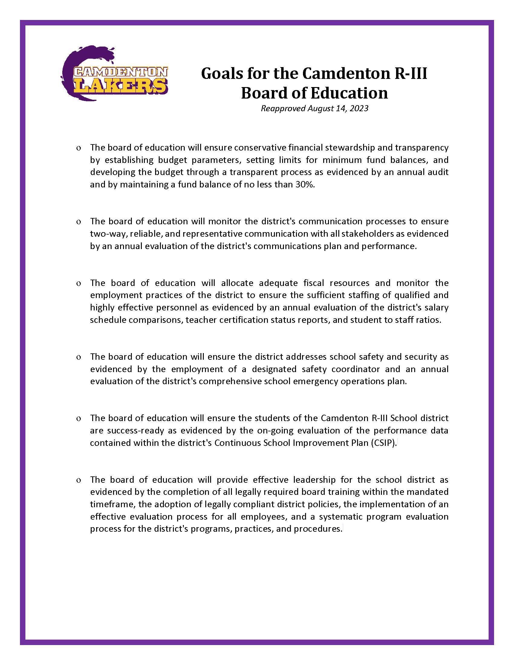 Board Goals Board of Education Camdenton RIII School District
