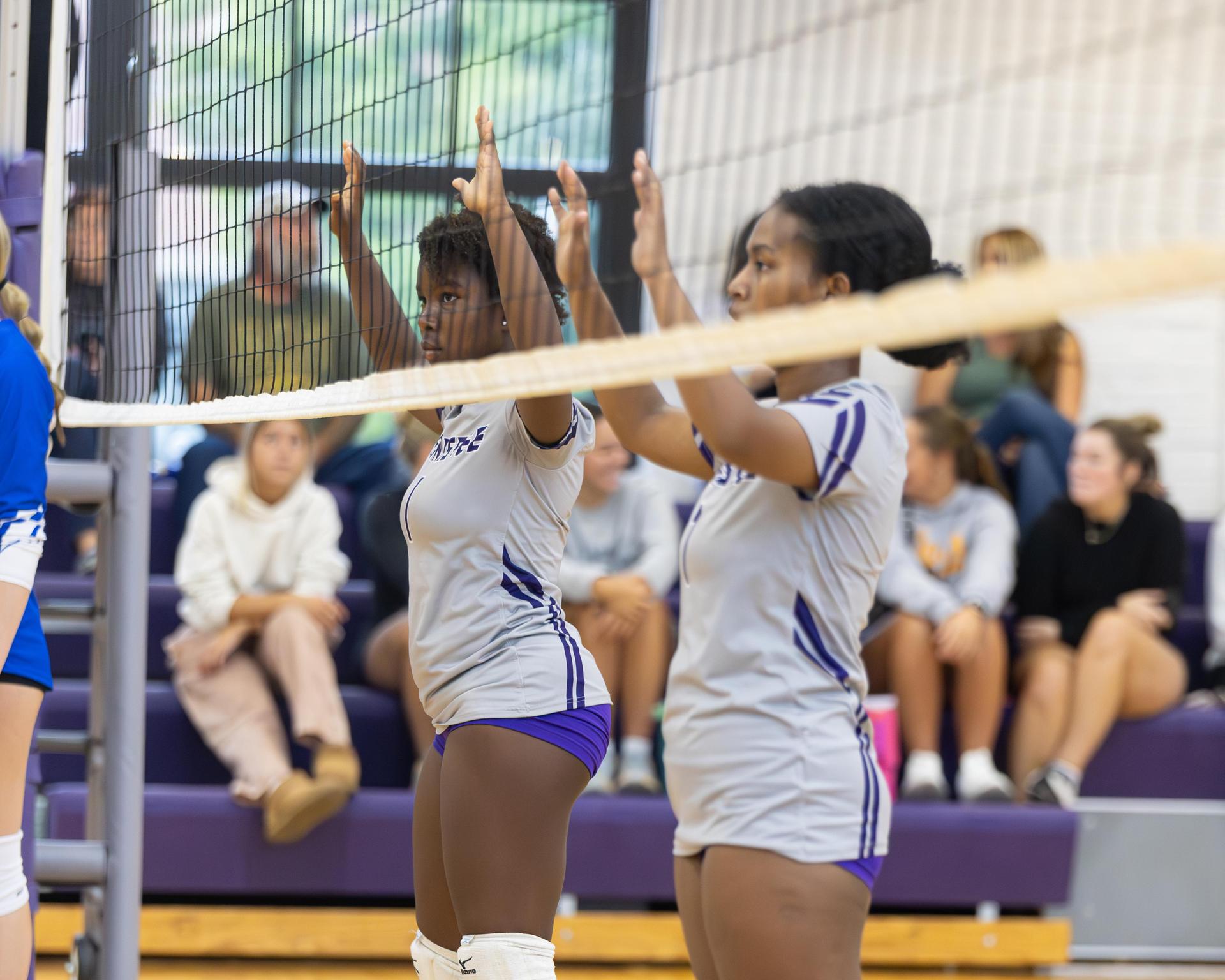 Two players positioning themselves at the volleyball net during a game.