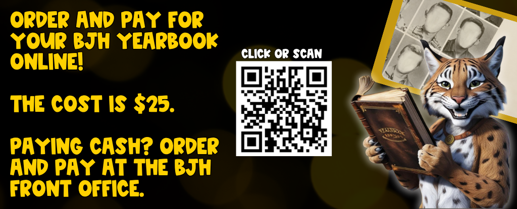 A promotional banner for ordering a yearbook featuring a bobcat holding a book and a QR code.