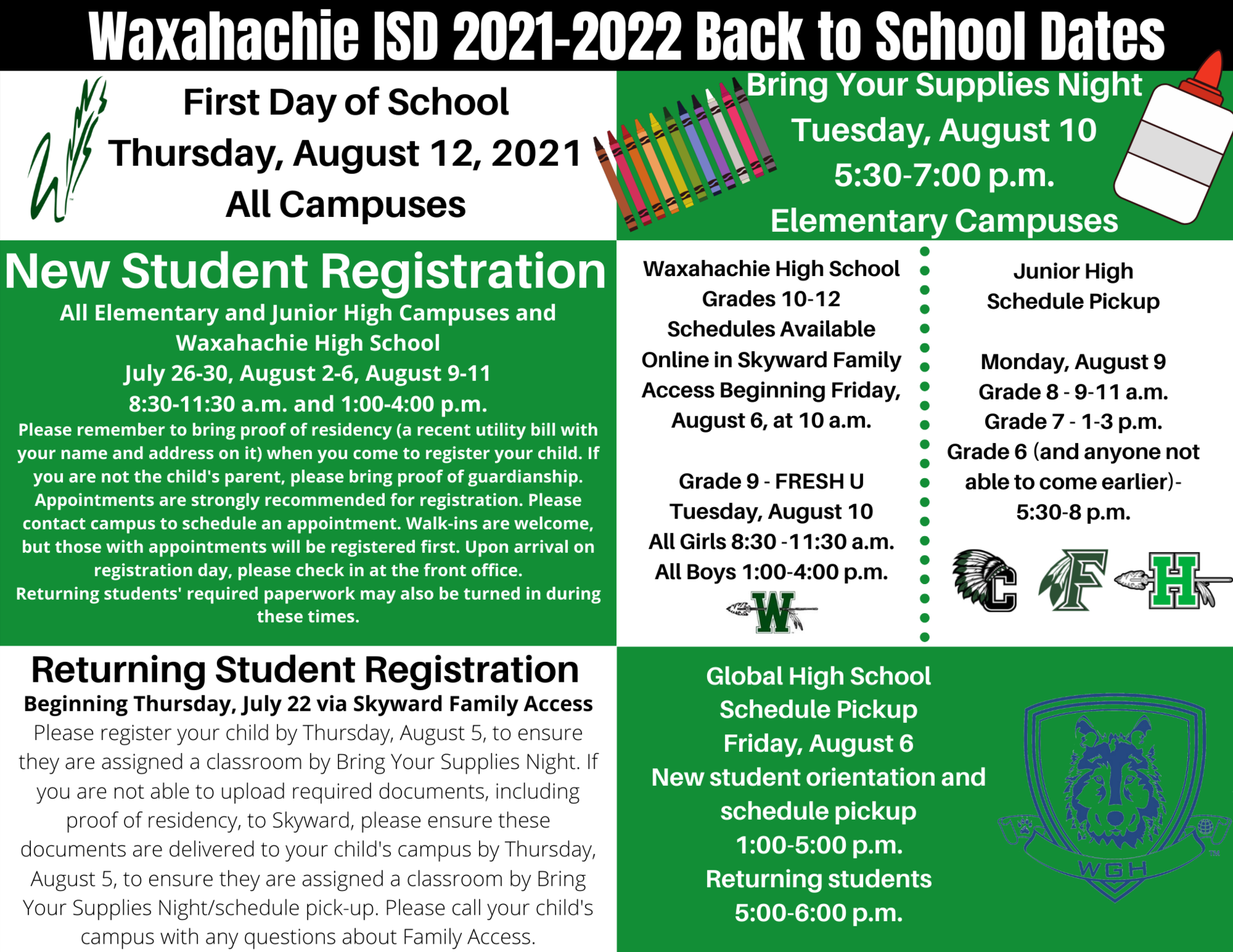 graphic with back to school dates as described in text below