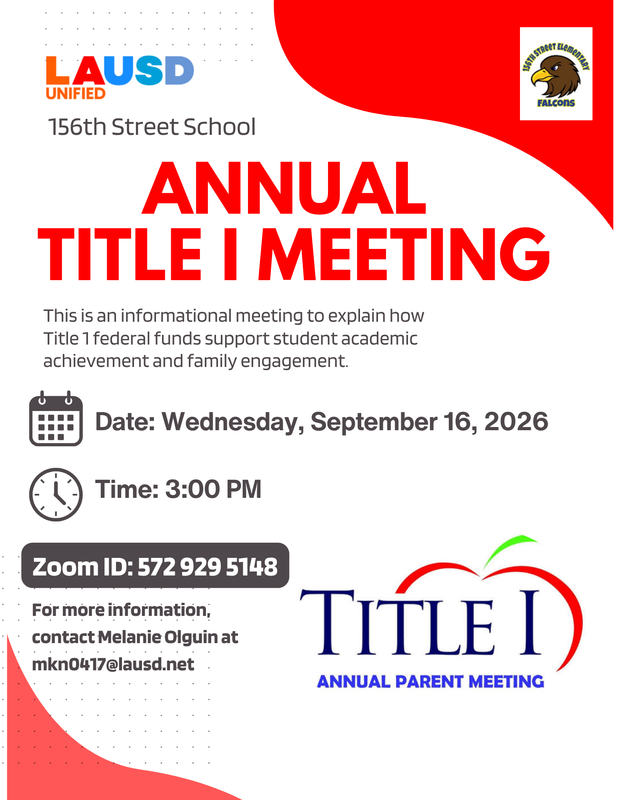 Annual Title I Meeting on Wednesday, September 16, 2026 at 3 pm via Zoom