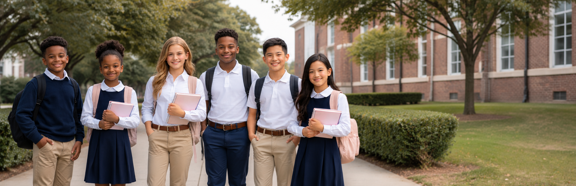 Students dress in uniform, ready for school.