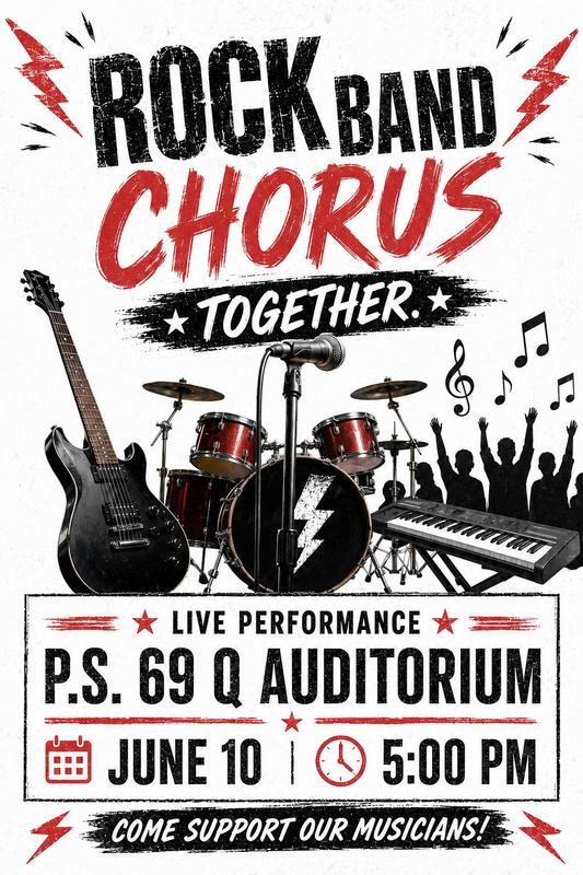 Poster for a rock band and chorus performance on June 10th at P.S. 69