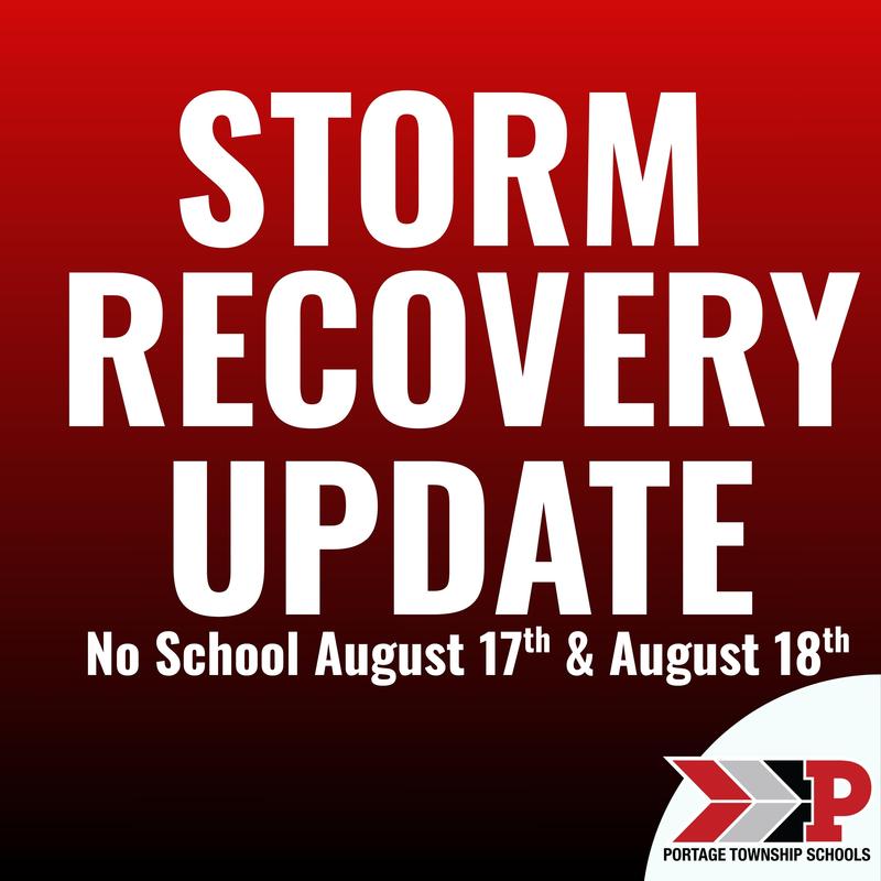 Black and red background with white text that says Storm Recovery Update: no school august 17th and 18th