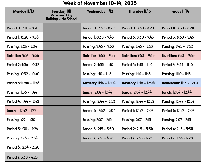 Week of Nov. 10th Bell Schedule