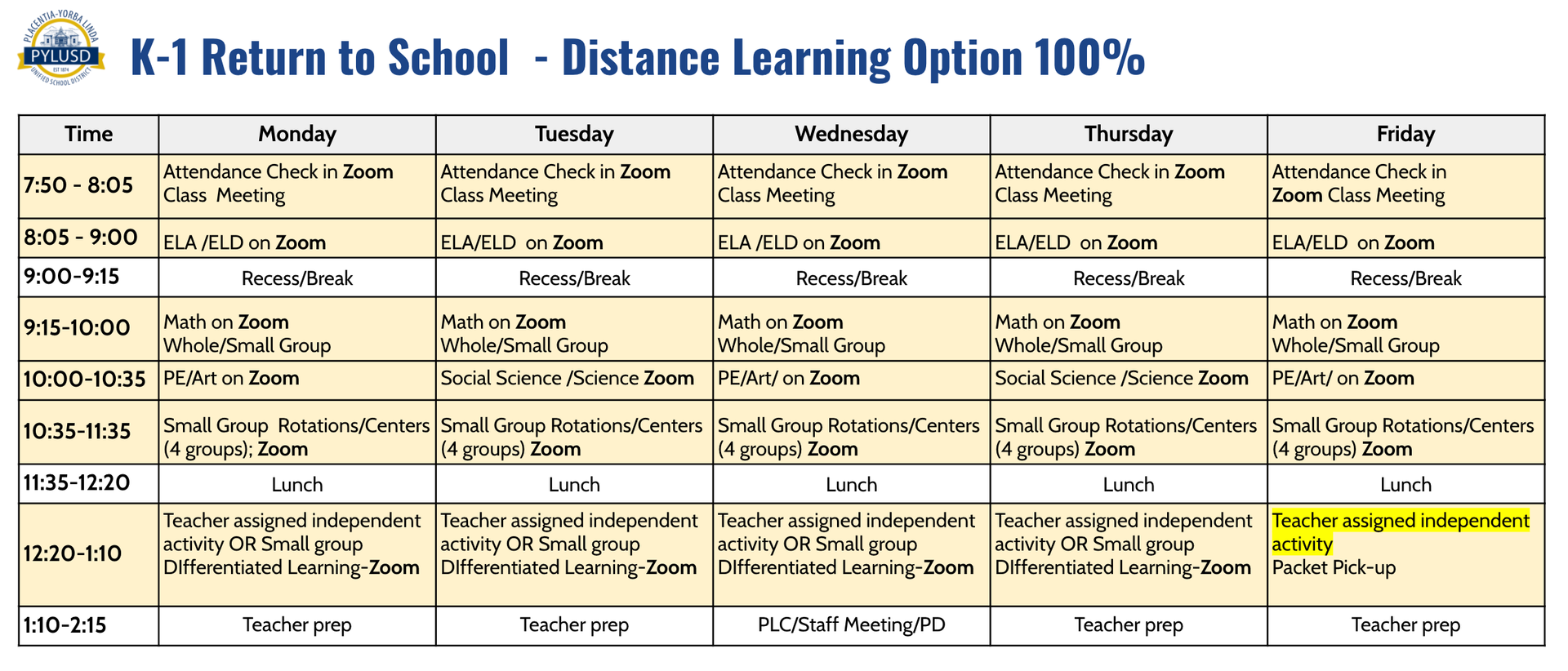 K-1 Remote Learning Bell Schedule.