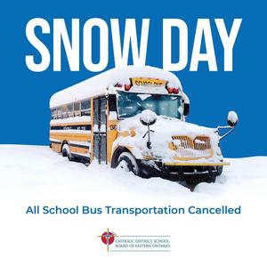 A snow-covered school bus in front of a winter backdrop, announcing a snow day.