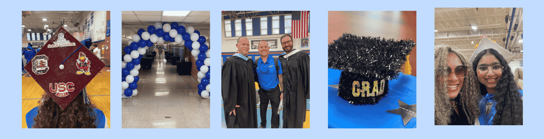 Graduation caps, an arch, and attendees in celebration at a school event.