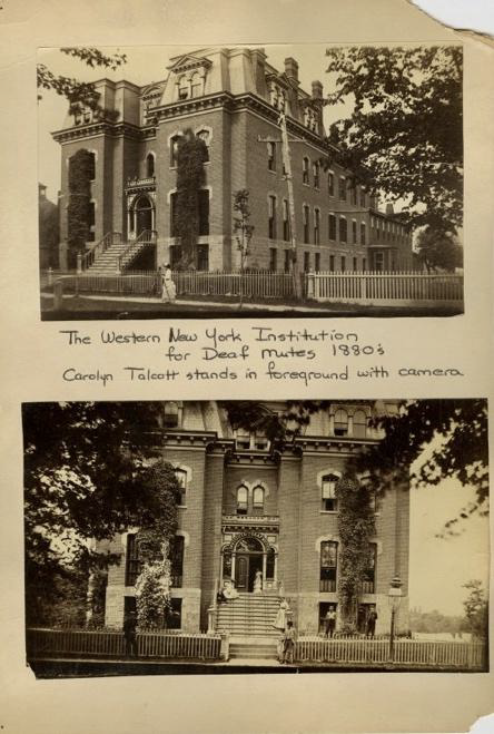 Historic photos of Perkins Hall with front grand staircase and picket fence