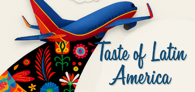 Illustrative blue and red airplane flying over words of "Taste of Latin America"