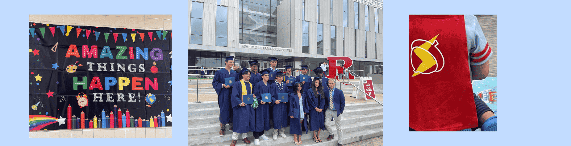 Colorful graduation banner and students celebrating outdoors at a school.