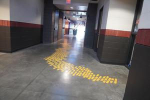 Follow the yellow brick road in this hallway.