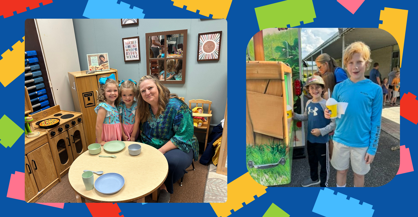 Lego Background with a teacher and students.  Plus students at Kona Ice