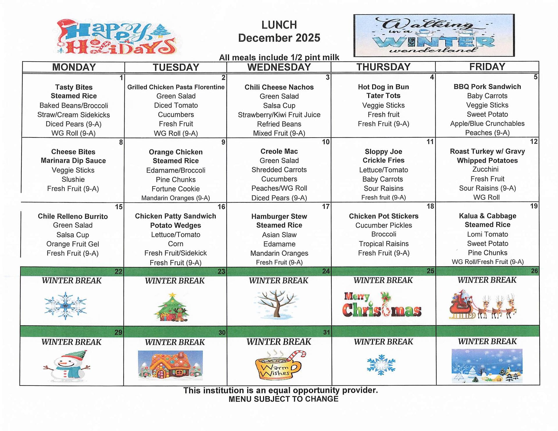 December - Lunch Menu