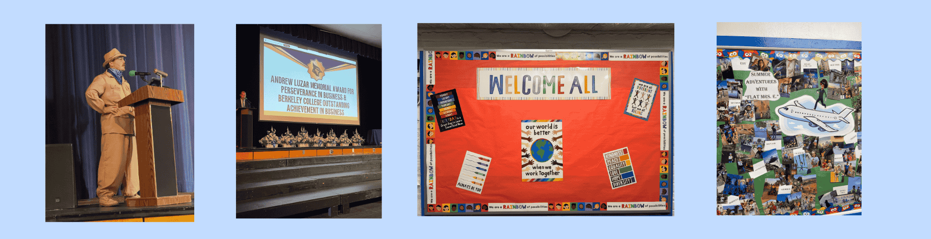 A speaker at a podium, a welcome banner, and a decorated bulletin board at a school.