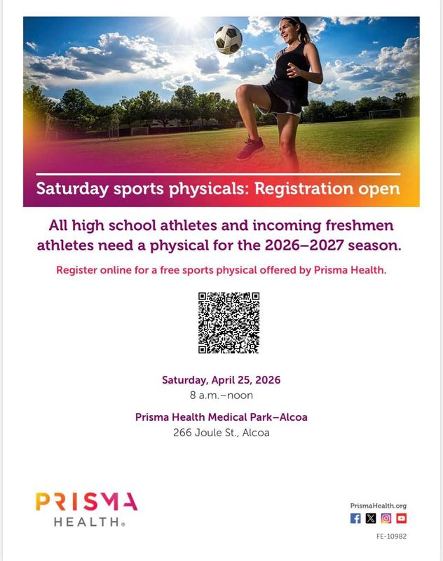 Advertisement for free sports physicals at Prisma Health Alcoa.