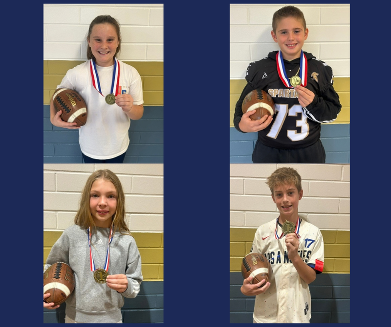 2 boys and 2 girls holding footballs and wearing medals