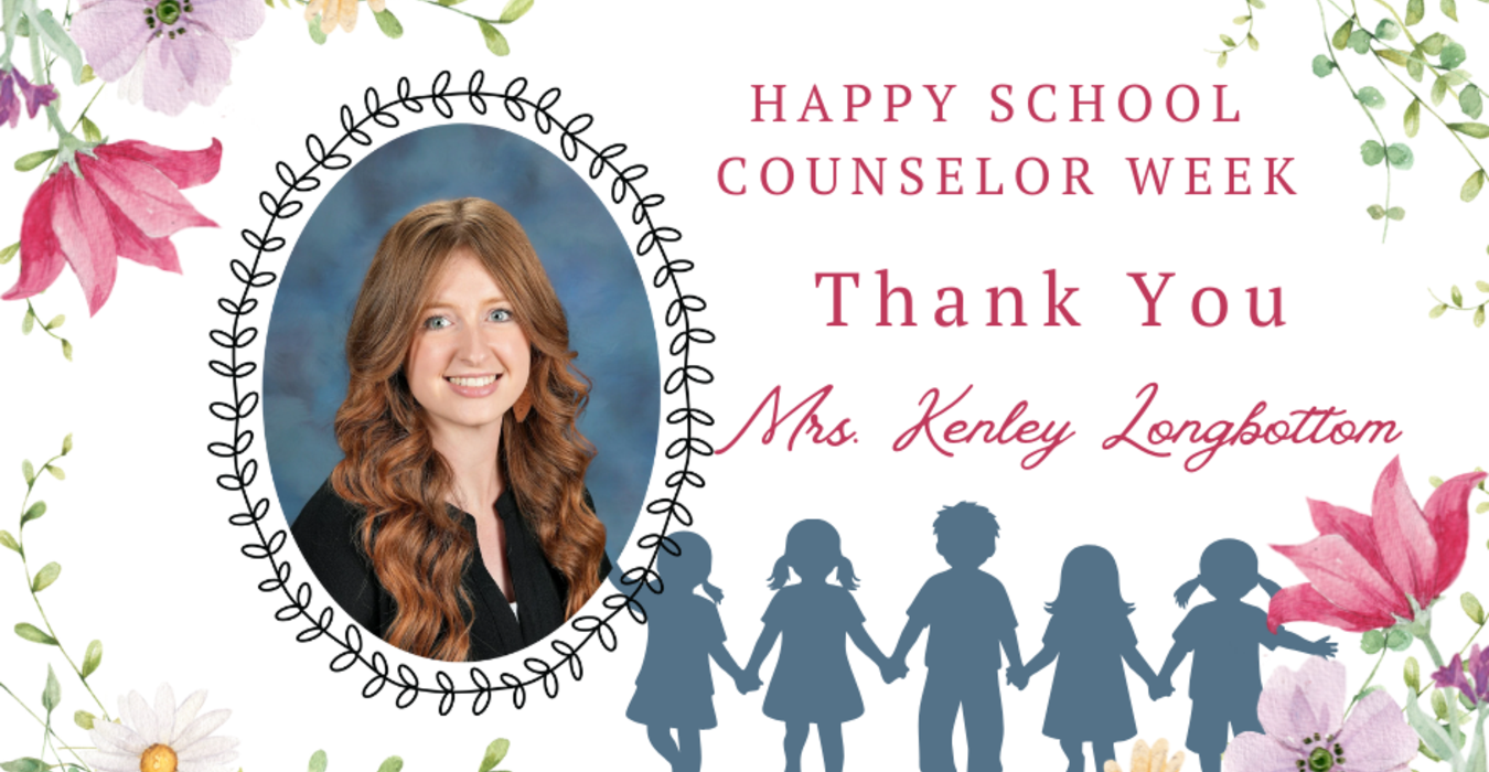 A decorated card celebrating School Counselor Week with a photo of a woman and floral designs.