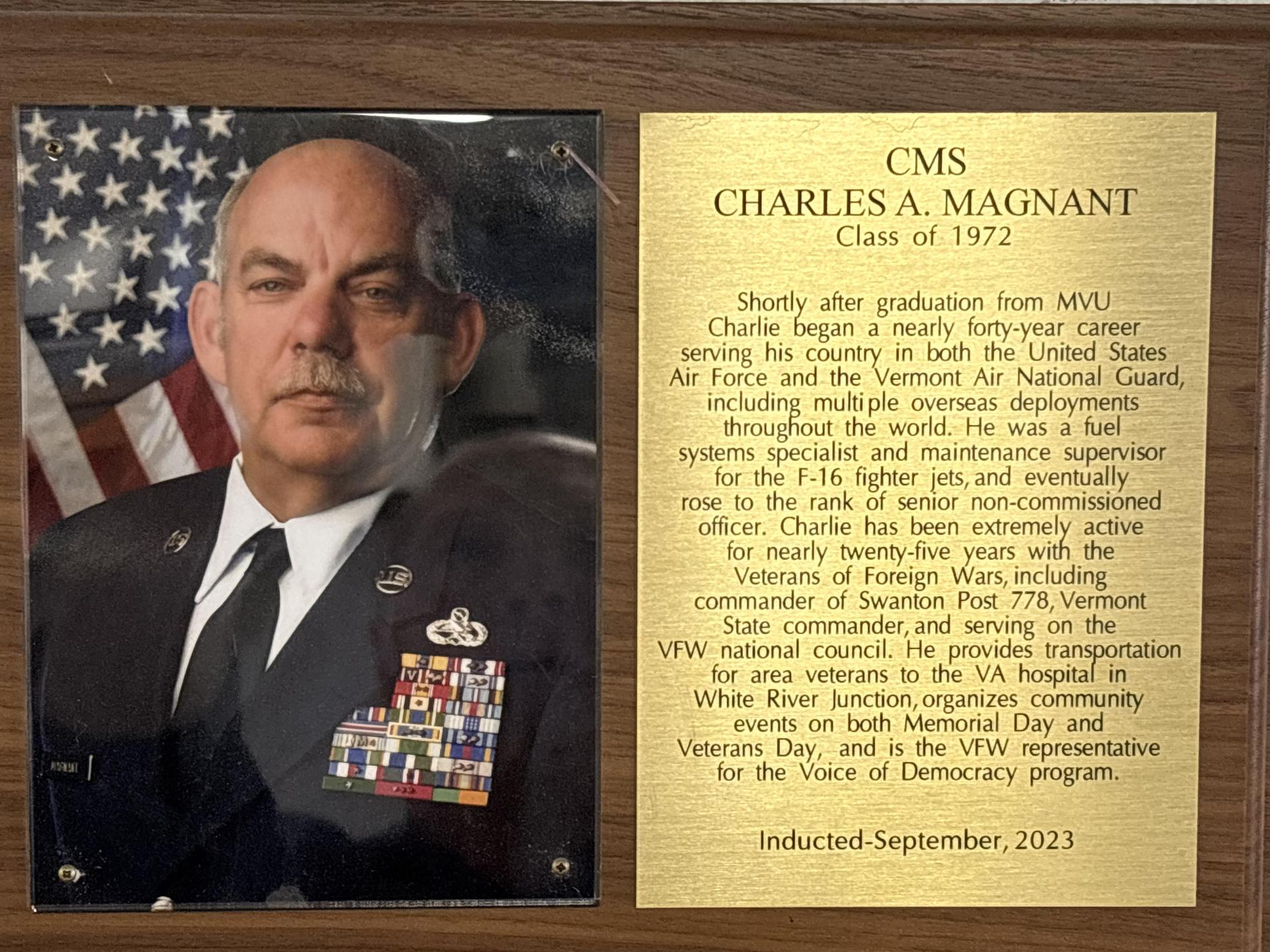 CMS Charles Magnant's MVU Hall of Fame Plaque