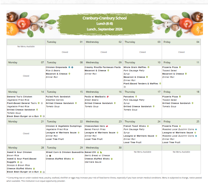 Image of September 2026 Lunch Menu