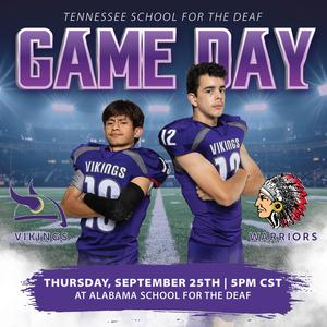 Two young men in sports uniforms posing for a game day event, with team logos and event details.