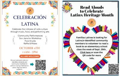 Two flyers side-by-side, one for the Celebracion Latina and the other soliciting volunteers for a read-aloud program in classrooms.