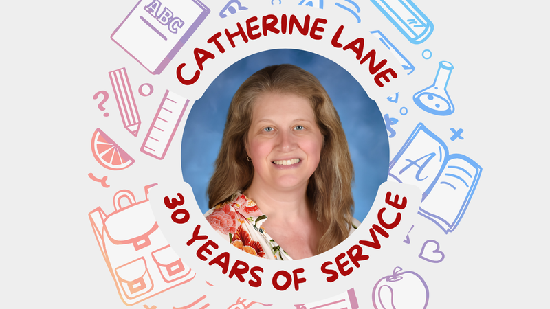 Picture of catherine lane with school materials surrounding her head honoring her 30 years of service