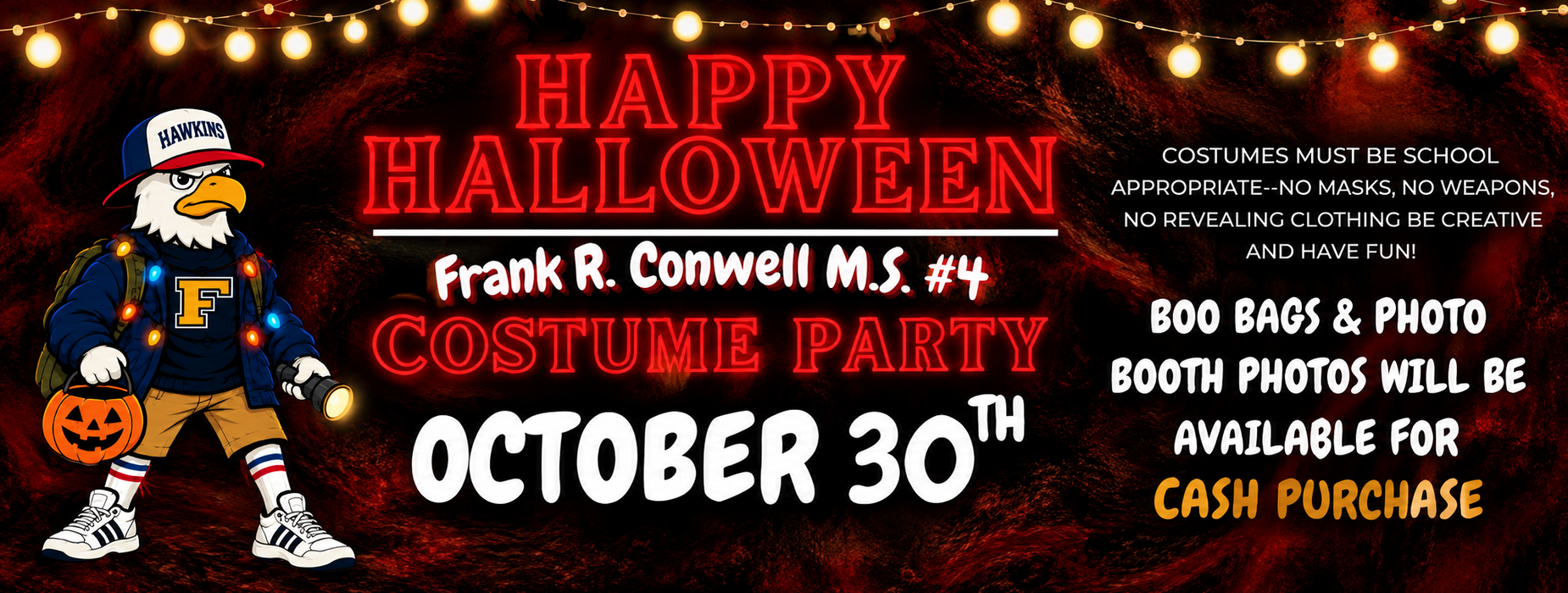 Halloween party announcement with a decorative background and mascot holding a pumpkin.