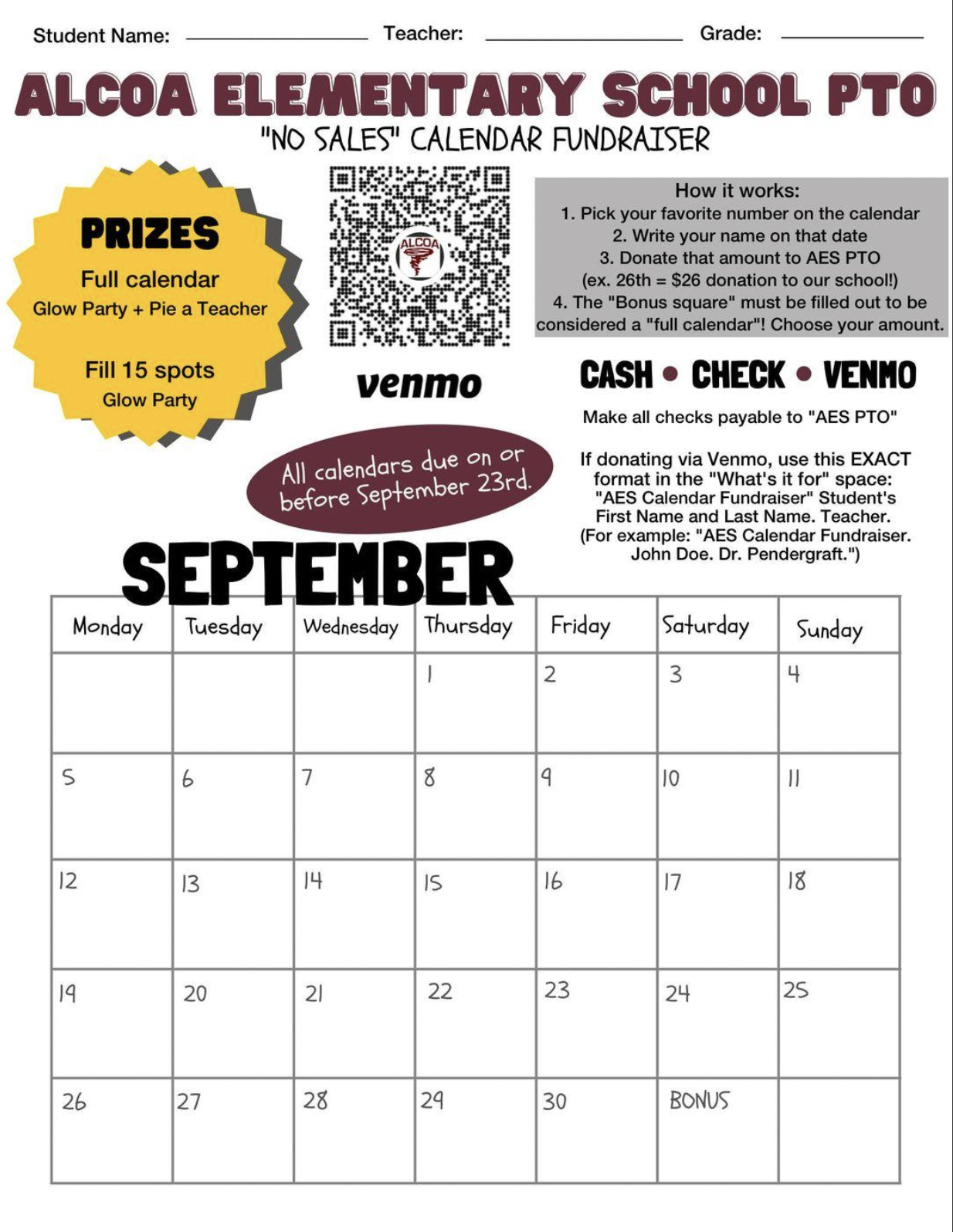 AES 3rd Annual "No Sales" Calendar Fundraiser! Alcoa Elementary School