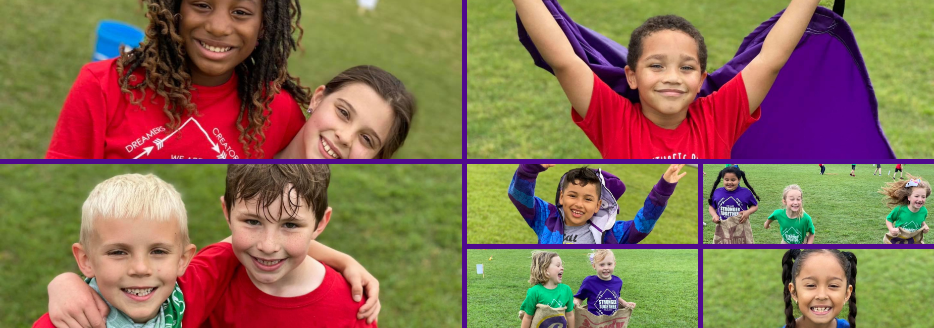 collage of 8 pictures featuring elementary kiddos playing at field day