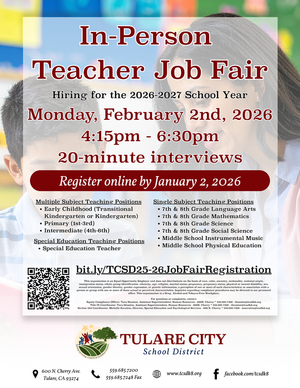 In-person job fair poster for teacher positions at Tulare City School District.