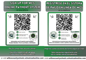 QR code with school logos and same text as posted above in English and in Spanish.
