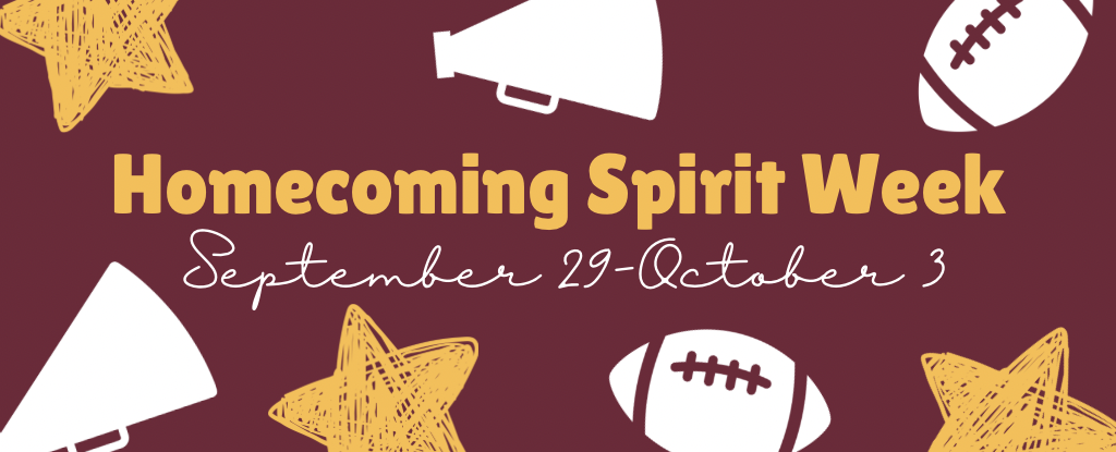 Homecoming Spirit Week banner with megaphones, stars, and footballs.