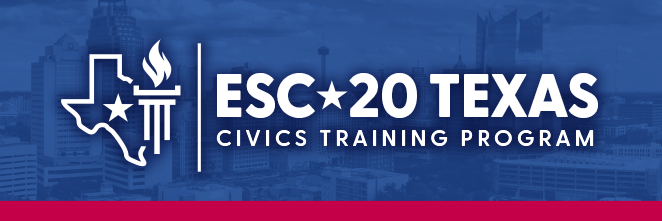 A digital banner with the text "Civics Training Program" including the Social Studies logo for ESC20, against a smooth, fabric-like background