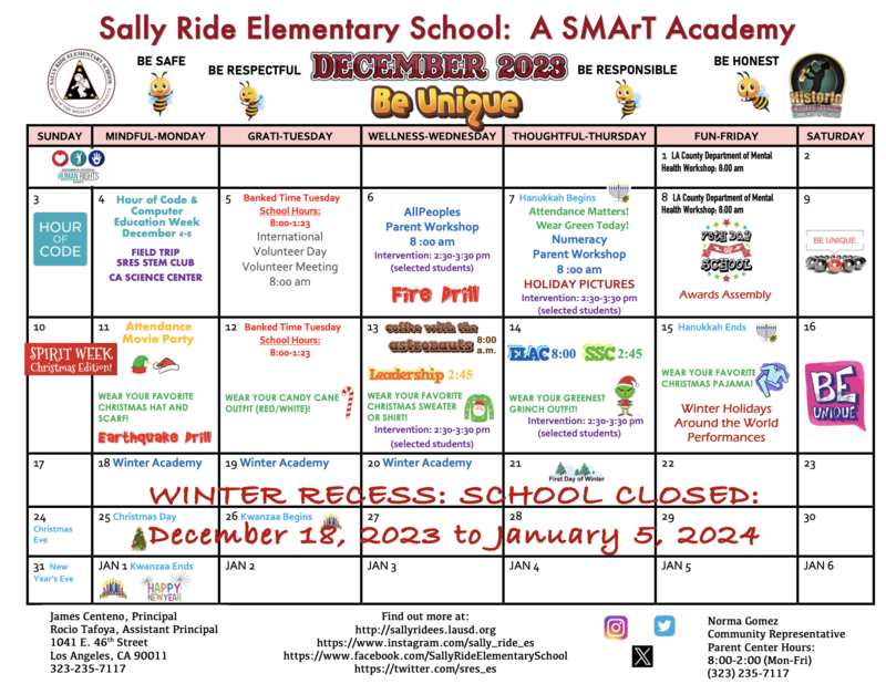 December Calendar Sally Ride Elementary A Smart Academy