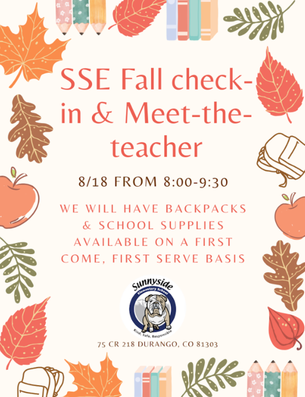 Fall-themed flyer for SSE check-in and meet-the-teacher event with school supplies info.
