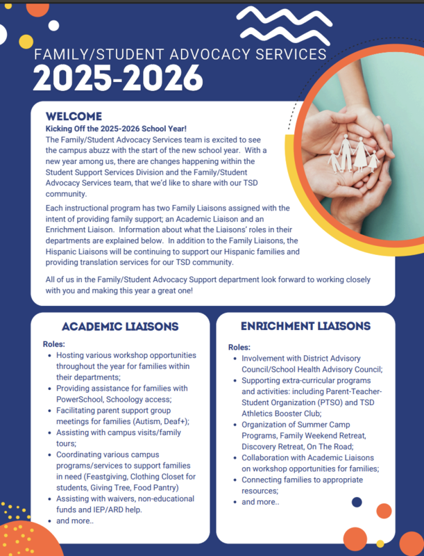 TSD flyer: Family/Student Advocacy Services Liaisons support families with resources, workshops, and activities.